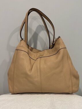 Coach Pebbled Leather Shoulder Tote in Beige with Dark Trim